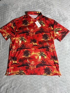 TOMWOL Mens 2XL Golf Polo Hawaiian Tropical Sunset AOP Stretch NWT